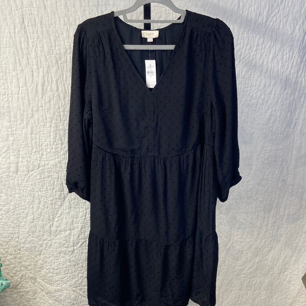 NWT LOFT Black Polka Dotted Long Sleeve Midi Dress size Medium